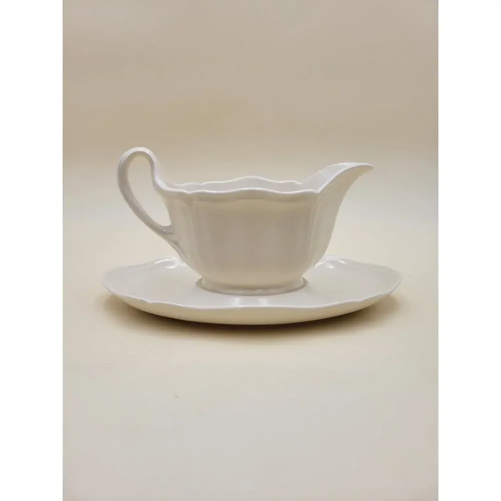 Wedgwood Queens Shape Ceramic Gravy Boat with Saucer White Scalloped Rim
